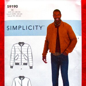 Simplicity Sewing Pattern S9190 Baseball Bomber Jacket, Men&#39;s Coat, Knit Collar Cuffs, Sizes 44 46 48 50 52, Fall Winter Outerwear, UNCUT