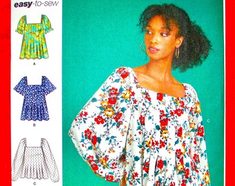 Simplicity Easy Sewing Pattern S9452 Peasant Top, Pleated Square Neck, Sizes 6 8 10 12 14, Short Long Sleeve Blouse, DIY Summer Shirt, UNCUT
