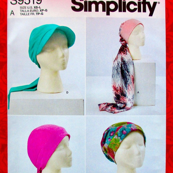 Simplicity Sewing Pattern S9519, Knit Head Wrap Hat Cap, Chemo Care Fashion Accessory, Women Sizes XS S M L, Spring Summer Boho Style, UNCUT
