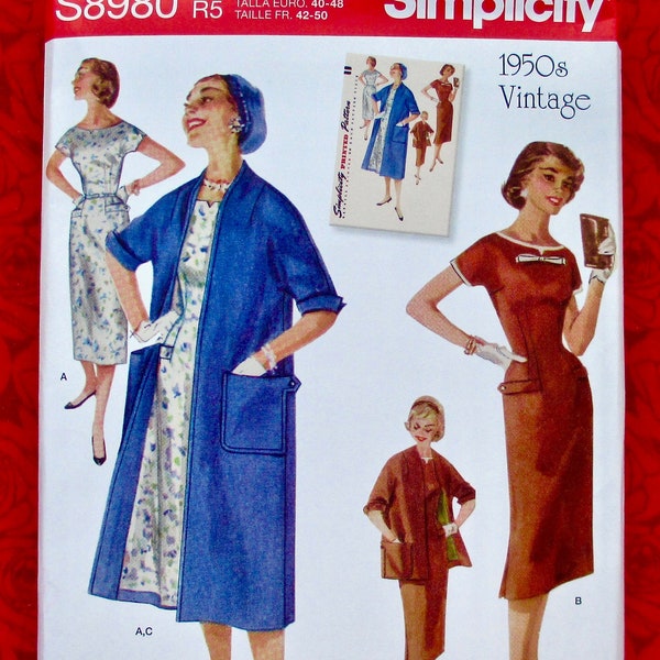 Simplicity Sewing Pattern S8980, Swing Coat & Sheath Dress, 1950's Retro Style Spring Fashion, Jacket, Belt, Plus Sizes 14 16 18 20 22 UNCUT