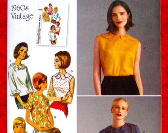 Simplicity Sewing Pattern S9386, 1960's Blouses, Short & Three Quarter Sleeve, Sleeveless, Misses' Sizes 6 8 10 12 14, Modest Fashion, UNCUT