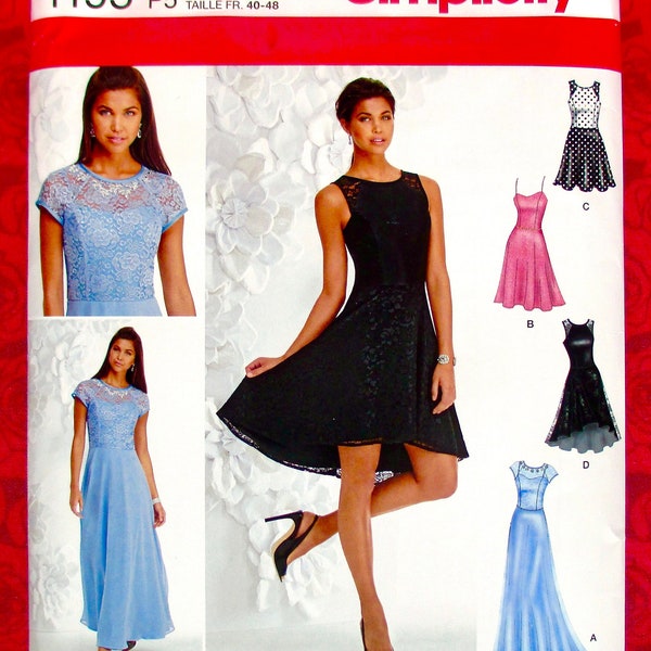Simplicity Sewing Pattern 1195 Evening Gown Special Occasion Dress, Princess Seam, Hi Lo Hem, Lace Overlay, Plus Sizes 12 14 16 18 20, UNCUT