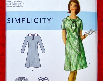 Simplicity Sewing Pattern S9104 Shift Dress, Short & Long Sleeve, Sleeveless, Neckline Accents, Sizes 14 16 18 20 22, Retro Fashion, UNCUT