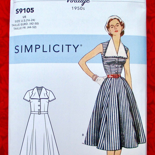 Simplicity Sewing Pattern S9105, 1950's Dress, Detachable Collar, Summer Fashion, Plus Sizes 16 18 20 22 24, Retro MCM Vintage Style, UNCUT