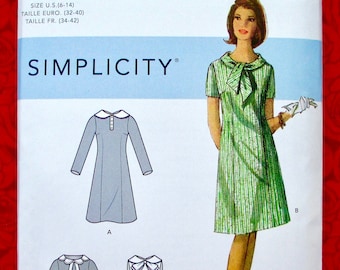 Simplicity Sewing Pattern S9104 Shift Dress, Short & Long Sleeve, Sleeveless, Neckline Accents, Sizes 6 8 10 12 14, DIY Retro Fashion, UNCUT