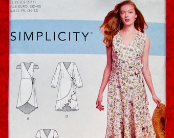 Simplicity Sewing Pattern S8637, Wrap & Tie Dress, Ruffle Flounce Hem, Sizes 6 8 10 12 14, Romantic Spring Summer Fashion Sportswear, UNCUT