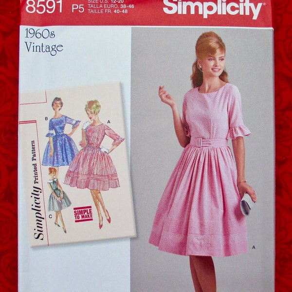 Simplicity Sewing Pattern 8591 Retro 1960's Full Skirt Dress, Miss, Petite Sizes 12 14 16 18 20, Romantic Spring Summer Party Fashion, UNCUT