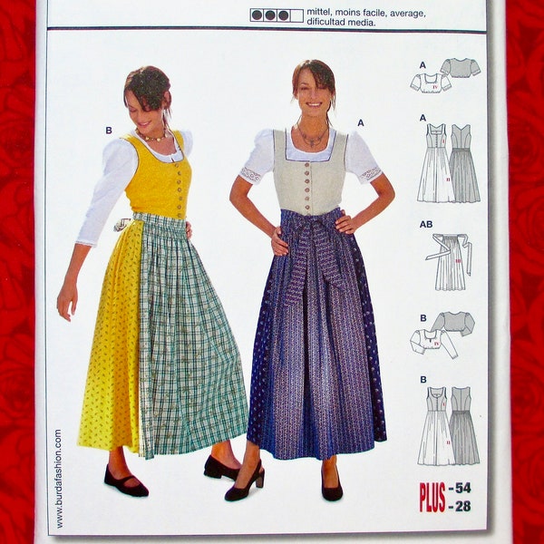 Burda Sewing Pattern 8448 Bavarian Folk Costume, Dirndl Dress, Top Blouses, Apron, Sizes 12 14 16 18 20 22 24 26 28, Trachten Fashion, UNCUT