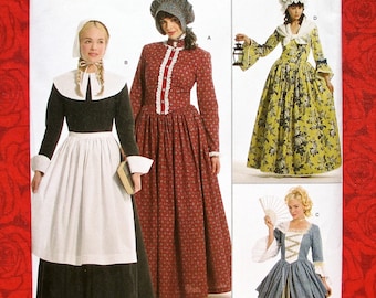 Simplicity Costume Sewing Pattern 3723, Colonial Pilgrim, Frontier Western, Sizes 6 8 10 12, Dress Apron Gown, Collar, Bonnet Mob Cap, UNCUT