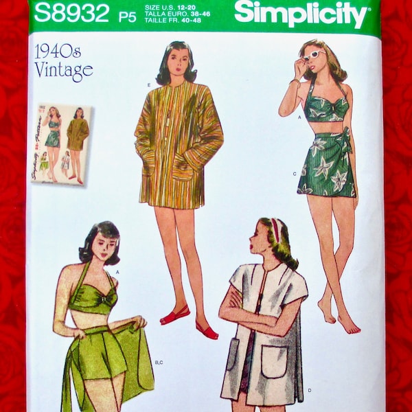 Simplicity Sewing Pattern S8932 Bikini Top, Shorts, Skirt, Jacket, Retro 1940's Style, Sizes 12 14 16 18 20, DIY Summer Beach Fashion, UNCUT