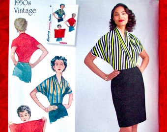 Simplicity Sewing Pattern 8452, Knit Blouse, 1950's Retro Fashion, Sizes S M L, Easy Wrap Top, Short Sleeve, Vintage Style Sportswear, UNCUT