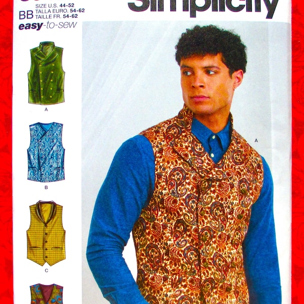 Simplicity Easy Sewing Pattern S9457, Men's Vest, Waistcoat, Single & Double Breasted, Sizes 44 46 48 50 52, Formal Evening, Wedding, UNCUT