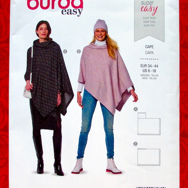 Burda 6175 Easy Sewing Pattern, Loose Fit Cape, Modern Boho Cloak Poncho, Sizes 8 10 12 14 16 18, DIY Fall Winter Fashion Sportswear, UNCUT