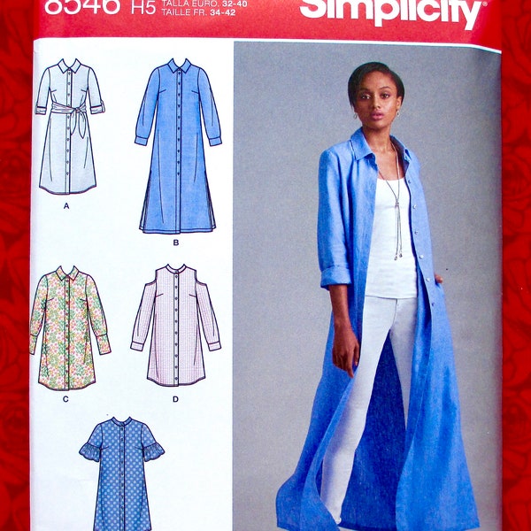 Simplicity 8546 Sewing Pattern, Shirt Dress, Duster,  Maxi & Short, Misses’, Petite, Sizes 6 8 10 12 14, Casual Leisure Fashion Dress, UNCUT
