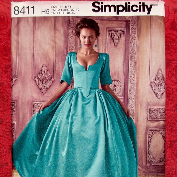 Simplicity 8411 Sewing Pattern 1700's Two-Piece Gown, Panniers, Sizes 6 8 10 12 14, DIY Historical Reenactment Georgian Costume Dress, UNCUT