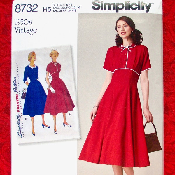 Simplicity Sewing Pattern 8732, 1950's Empire Waist Dress, Spring Summer Fashion, Misses' Sizes 6 8 10 12 14, Retro MCM Vintage Style, UNCUT