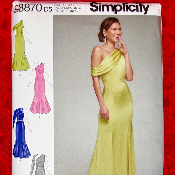 Simplicity Sewing Pattern S8870, Formal Mermaid Evening Gown, One Shoulder Dress, Miss & Petite Sizes 4 6 8 10 12, DIY Wedding Bridal, UNCUT