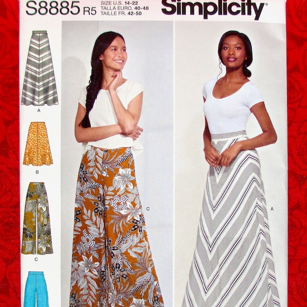 Simplicity Sewing Pattern S8885 Wide Leg Pants, Flare Skirt, Long, Cropped, Maxi, Plus Sizes 14 16 18 20 22, Summer Casual Sportswear, UNCUT