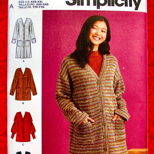Simplicity Sewing Pattern S9373, Cardigan Sweater Jacket, Oversized Knitwear Coat, Sizes XxS XS S M L XL XxL, DiY Fall Winter Fashion, UNCUT