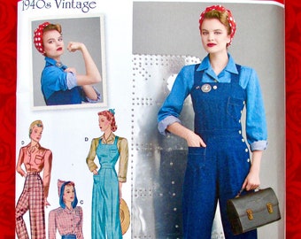 Simplicity Sewing Pattern S8447, 1940's Retro Overalls Pants Blouse, Sizes 16 18 20 22 24, Vintage Style Fashion Sportswear Separates, UNCUT