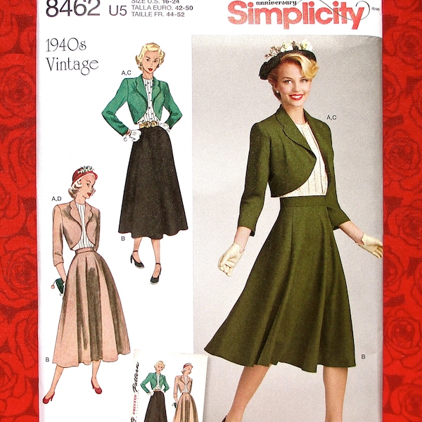 Simplicity Sewing Pattern 8462 Bolero Jacket, Full Skirt, Blouse, 1940's Retro, Sizes 16 18 20 22 24, Vintage Fashion Sportswear Suit, UNCUT