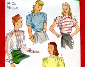 Simplicity Sewing Pattern 8736, 1940's Blouses, High Neck, Retro Fashion, Long & Short Sleeve, Miss Sizes 6 8 10 12 14, Vintage Style, UNCUT