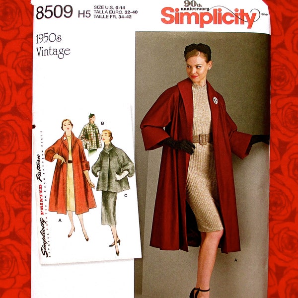 Simplicity Sewing Pattern 8509, Swing Coat, Jacket, 1950's Retro Style Fashion, Miss Sizes 6 8 10 12 14, Shawl Collar, Raglan Sleeve, UNCUT