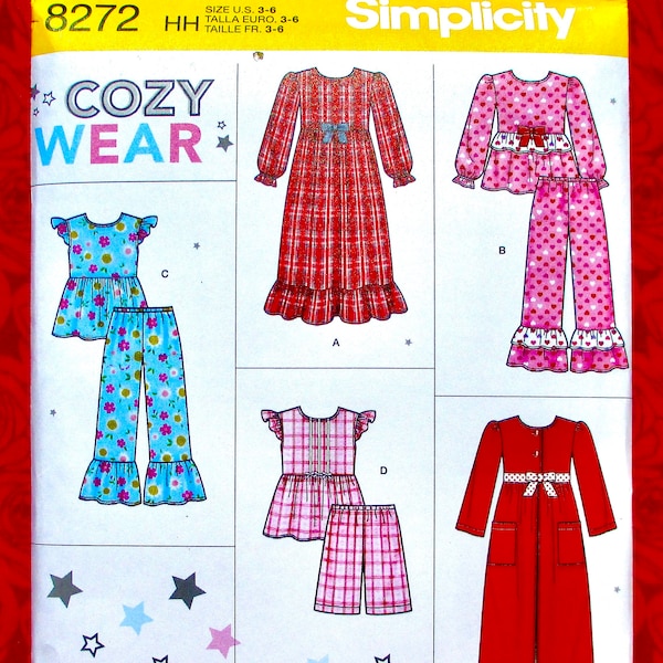 Simplicity Sewing Pattern 8272 Nightgown Robe Pajamas, Sleepwear, Top, Pants, Bow Ruffle, Girl Sizes 3 4 5 6, DIY Winter Summer Gift, UNCUT