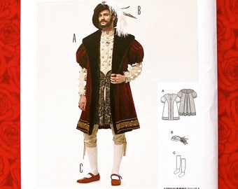 English Renaissance Henry VIII Costume, Burda Sewing Pattern 6887, Men's Sizes 36 38 40 42 44 46 48 50, Tunic Coat, Stockings, Hat, UNCUT