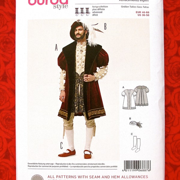 English Renaissance Henry VIII Costume, Burda Sewing Pattern 6887, Men's Sizes 36 38 40 42 44 46 48 50, Tunic Coat, Stockings, Hat, UNCUT