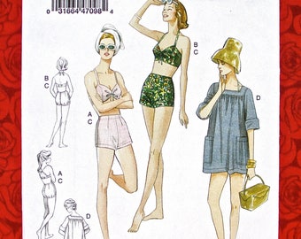 Vogue Sewing Pattern V9255, 2-Piece Swimsuit, Beach Cover-up Tunic, Bra Top, Shorts, Sizes 14 16 18 20 22, 1950's Retro Style Swim, UNCUT