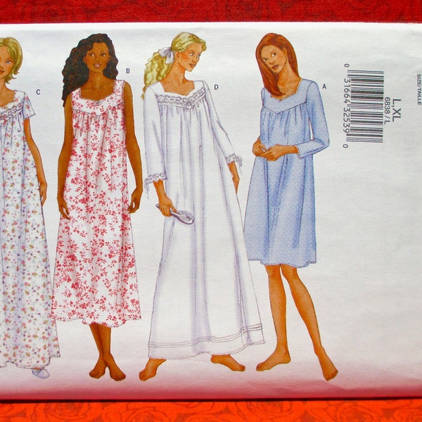 Butterick Easy Sewing Pattern 6838 Nightgowns, Loose Fit Sleepwear, Miss Plus Petite Sizes L XL, DIY Summer Winter Casual Loungewear, UNCUT