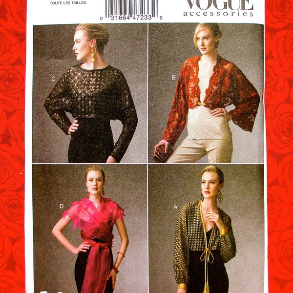 Vogue Sewing Pattern V9276 Shrug, Capelet, Formal Party Fashion, Wedding Bridal Accessory, Miss Sizes S M L XL, Evening Topper Accent, UNCUT