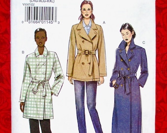 Vogue Easy Sewing Pattern V9367 Trench Coat, Short Long Length, Loose Fit, Belt, Plus Sizes L  XL XXL, Fall Winter Fashion Outerwear UNCUT
