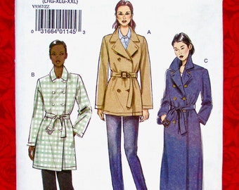 Vogue Easy Sewing Pattern V9367 Trench Coat, Short Long Length, Loose Fit, Belt, Plus Sizes L  XL XXL, Fall Winter Fashion Outerwear UNCUT