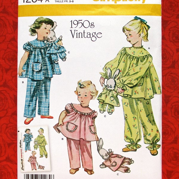 Simplicity Sewing Pattern 1264 Girl Pajamas, Stuffed Toy Bunny Rabbit, Sizes 3 4 5 6 7 8, 1950's Retro Style Sleepwear, Summer Winter, UNCUT