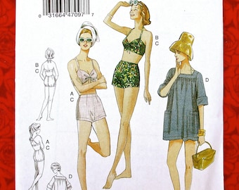 Vogue Sewing Pattern V9255, 2-Piece Swimsuit, Beach Cover-up Tunic, Bra Top, Shorts, Sizes 6 8 10 12 14, 1950's Retro Style Swim Wear, UNCUT