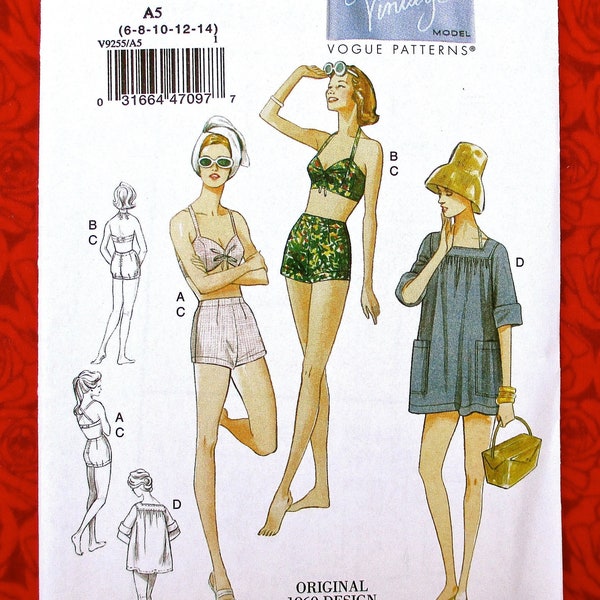 Vogue Sewing Pattern V9255, 2-Piece Swimsuit, Beach Cover-up Tunic, Bra Top, Shorts, Sizes 6 8 10 12 14, 1950's Retro Style Swim Wear, UNCUT