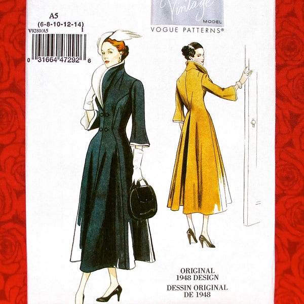 Vogue Sewing Pattern V9280 Fit Flare Dress, Wide Detachable Collar, 3/4 Length Sleeves, Sizes 6 8 10 12 14, 1940's Winter Sportswear, UNCUT