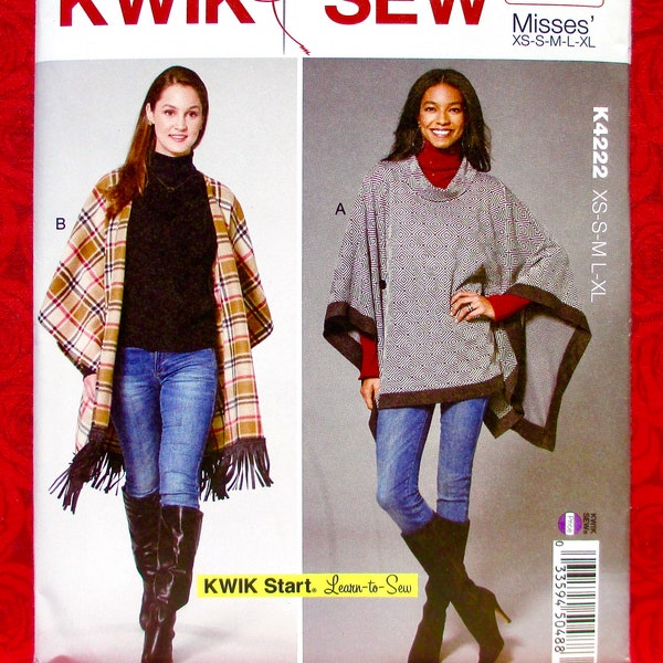 Kwik Sew Sewing Pattern K4222, Poncho Wraps, Cowl Neck, Open Front, Sizes Xs S M L XL, DIY Retro Sportswear Cape, Fall Winter Spring, UNCUT