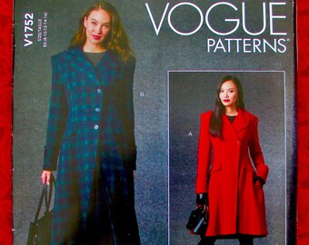 Vogue Sewing Pattern V1752, Fit & Flare Coat, Princess Seams, Notch Collar, Miss Sizes 8 10 12 14 16, Fall Winter Fashion Outerwear, UNCUT