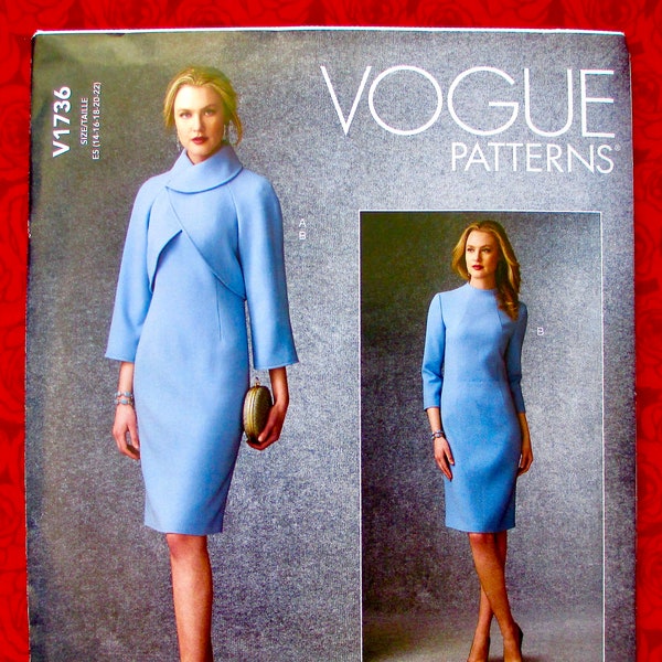 Vogue Sewing Pattern V1736, Long Sleeve Sheath Dress, Crop Jacket, Miss Sizes 14 16 18 20 22, Special Occasion, Modern Spring Fashion, UNCUT