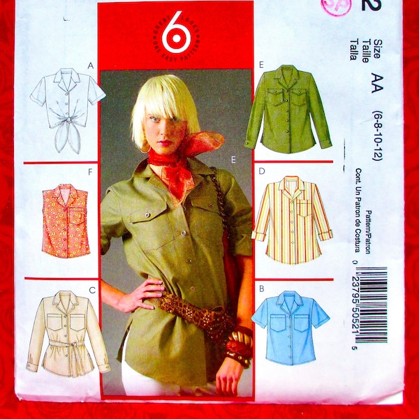 McCall's Easy Sewing Pattern M5052, Button Front Tops, Shirt Style, Long Short Sleeve, Sizes 6 8 10 12, DIY Modern Fashion Sportswear, UNCUT