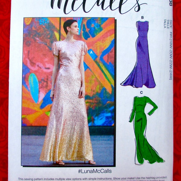 McCall's Sewing Pattern M8038, Formal Gown, Special Occasion Dress, Fitted Bodice, Sizes 18 20 22 24 W, Evening Fashion, Wedding Prom, UNCUT