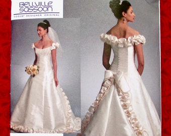 Vogue Sewing Pattern V1095 Bridal Gown Wedding Dress, Off Shoulder, Train, Ruffle Accent, Misses' Sizes 12 14 16, Bellville Sassoon, UNCUT