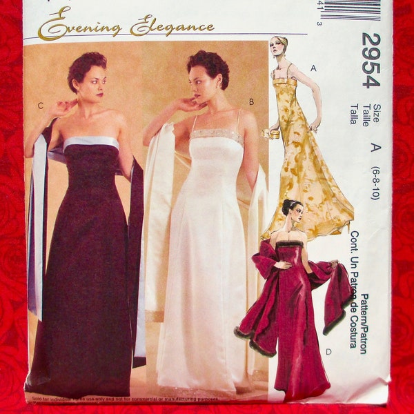 McCall's Sewing Pattern 2954 Special Occasion Dress, Formal Gown, Wrap Stole, Sizes 6 8 10, Modern Sleeveless Evening Fashion Wedding, UNCUT