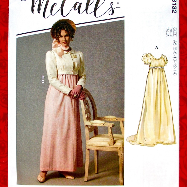 McCall's Sewing Pattern M8132 Regency Ball Gown, Jacket, Empire Waist Dress, Sizes 6 8 10 12 14, DIY Historical 1800's Georgian Outfit UNCUT