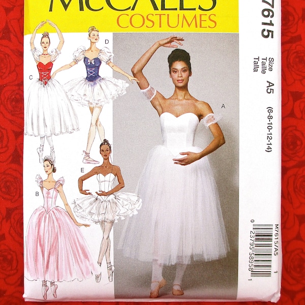 McCall's Sewing Pattern M7615 Ballet Dance Costumes, Boned Bodice, Tulle Skirt, Misses' Sizes 6 8 10 12 14, Classic Ballerina Fashion, UNCUT