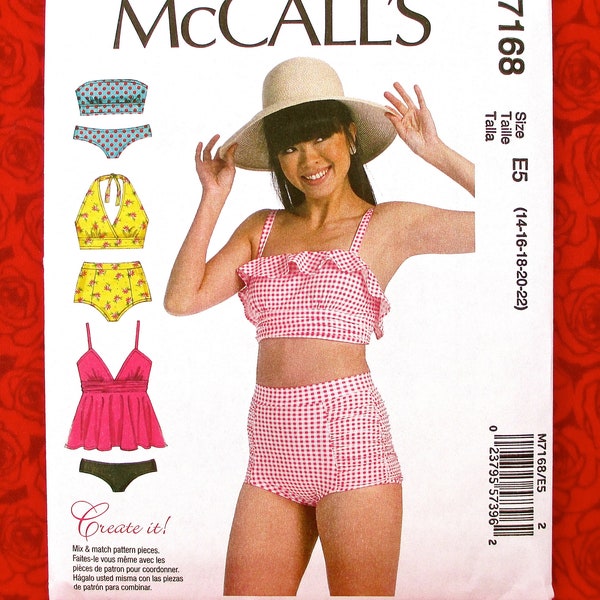 McCall's Sewing Pattern M7168 Two Piece Swimsuit, Bikini Halter Top Bandeau, Plus Sizes 14 16 18 20 22, DIY Beach Pool Resort Fashion, UNCUT