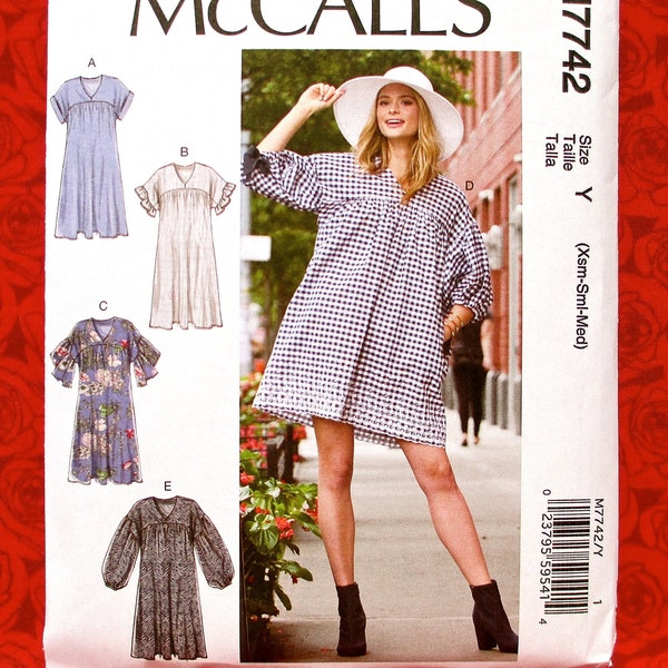 McCall's Sewing Pattern M7742, Loose Fit Short Dress, Tunic Smock Top, Miss Sizes XS S M, DIY Spring Summer Casual Fashion Sportswear, UNCUT